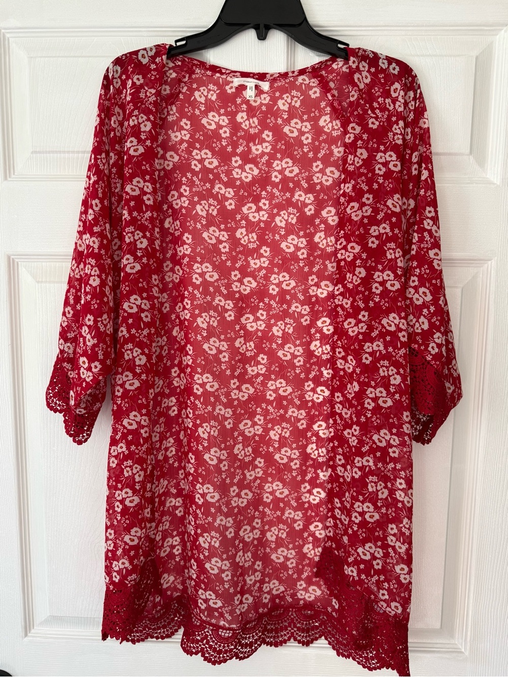 Maurices Red Floral Sheer Kimono Cardigan